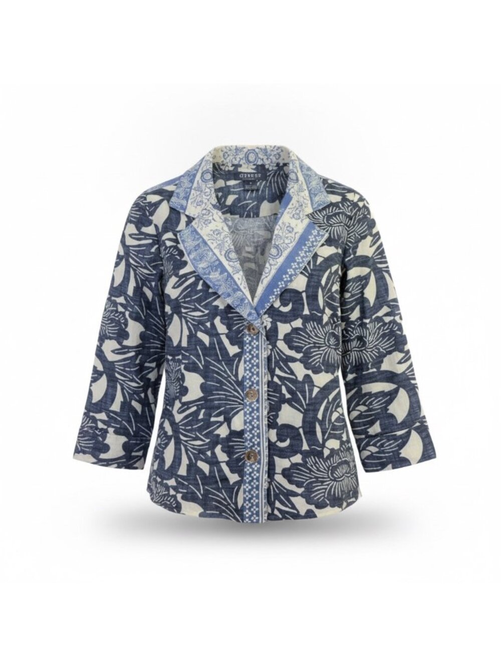 Citron Women’s Navy/Beige Ramie Floral Button-Up Jacket Casual Lightweight Sz S